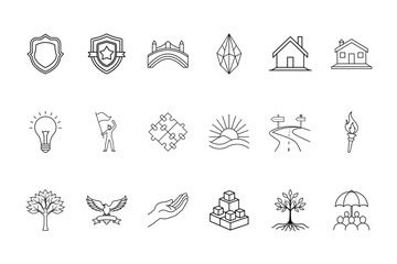 Collection line art icons representing abstract concepts objects shield star