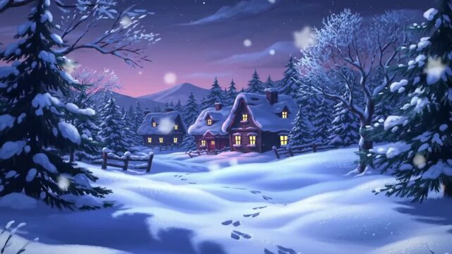 Magical winter wonderland video of snow falling on cozy cottages at night under starry sky