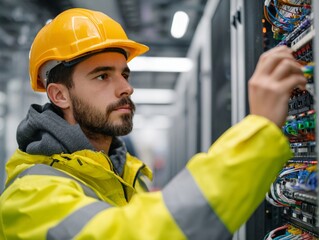 Technician in Data Center Working with Network Cables