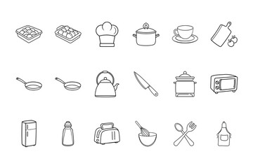 Collection line art kitchen utensils appliances cooking food
