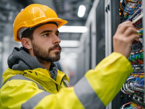 Technician in Data Center Working with Network Cables - Powered by Adobe