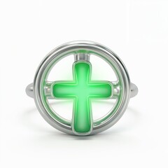 Fototapeta premium Silver ring with glowing green cross symbol emerald