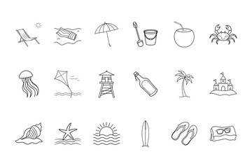 Fototapeta premium Collection line drawings beach vacation icons summer deckchair