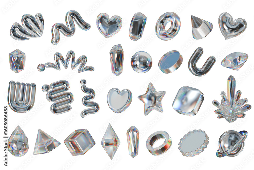 Poster objects prism crystal decoration set pack isolated background 3d rendering