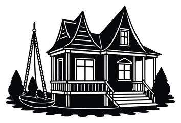 Charming Black and White House Illustration with Swing Set and Porch Ideal for Architectural Designs and Real Estate Concepts