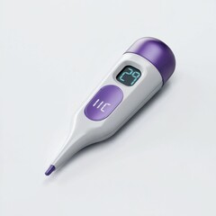 White and purple digital thermometer displaying 29 degrees Celsius