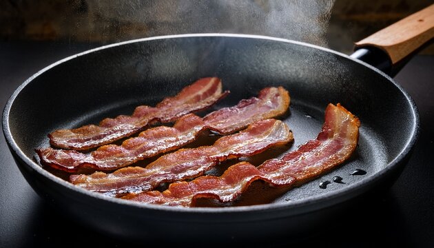 rashers of bacon sizzling in a frying pan