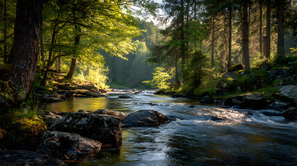 Obraz premium Peaceful forest river landscape with flowing water rocks and sunlight filtering through trees