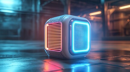 Futuristic Cube-Shaped Personal Air Cooler Glowing with Vibrant Blue and White LED Lights on a Transparent Background 