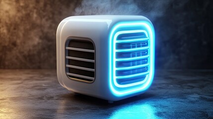 Futuristic Cube-Shaped Personal Air Cooler with Vibrant Blue and White LED Lights, Offering Instant Cool Relief on Hot Days, Isolated on Transparent Background -
