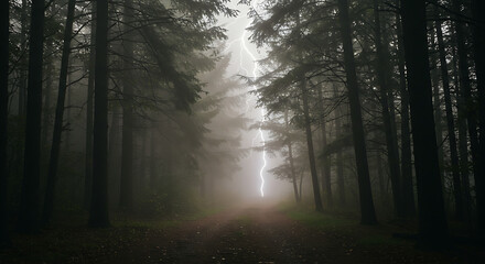 Naklejka premium A foggy forest path during a thunderstorm, trees casting eerie shadows under flashes of lightning.