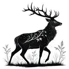 Elegant Black Deer Silhouette Illustration on White Background Featuring a Majestic Buck with Antlers Ideal for Wildlife Nature and Design Projects Vector Art




