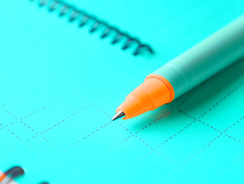 A green pen with an orange tip rests on a teal notebook with a grid pattern - Powered by Adobe