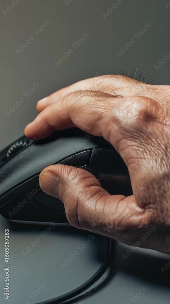 Poster close-up photo of a person's hand using a black computer mouse with a brown thumb button.