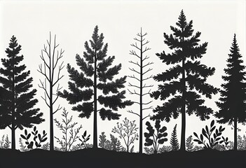 tree silhouette, deciduous trees, evergreen trees, forest, bushes, silhouettes, black and white, minimalist, botanical illustration