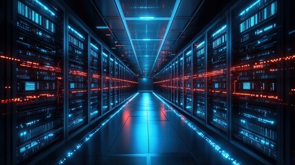 Futuristic Data Center Corridor, High-Tech Facility Digital Environment 