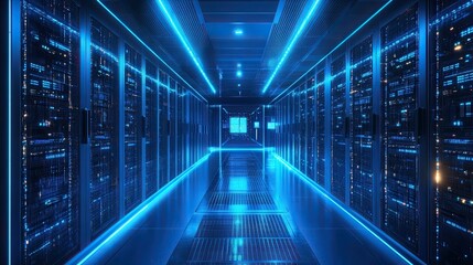 Futuristic Data Center Corridor with High-Tech Digital Environment 
