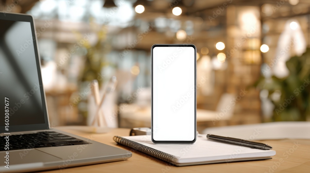 Poster modern smartphone mockup on notebook with laptop in blurred cafe background ideal for app presentati