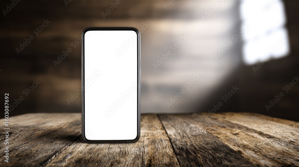 Poster modern smartphone with blank screen on rustic wooden tabletop background perfect for app presentatio