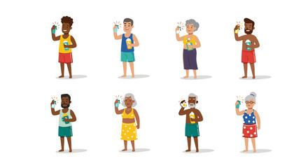 Naklejka premium Diverse group of people applying sunscreen lotion on a sunny day to protect their skin from sunburns