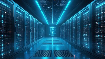 Futuristic Data Center Corridor with High-Tech Digital Environment 