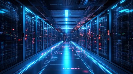 Futuristic Data Center Corridor with High-Tech Digital Environment 