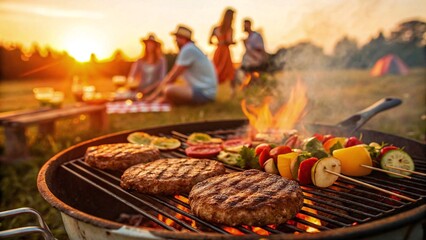 Flame grill with burgers and steak - BBQ meat ai generated art.