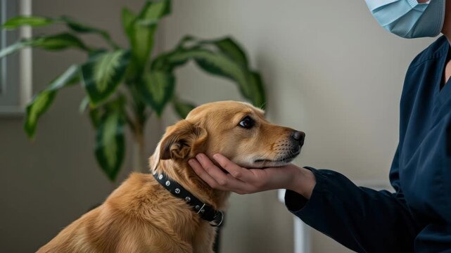 A person gently strokes a dog's face, creating a calm vibe indoors among plants