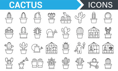 Collection of Cactus and Succulent Icons Featuring Potted Plants, Watering Can, and Gardening Tools