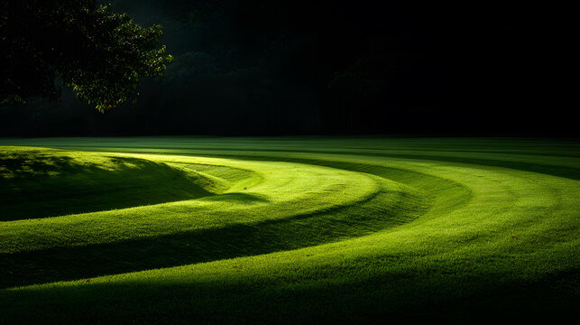 Vibrant green lawn with curved mowing patterns in sunlight