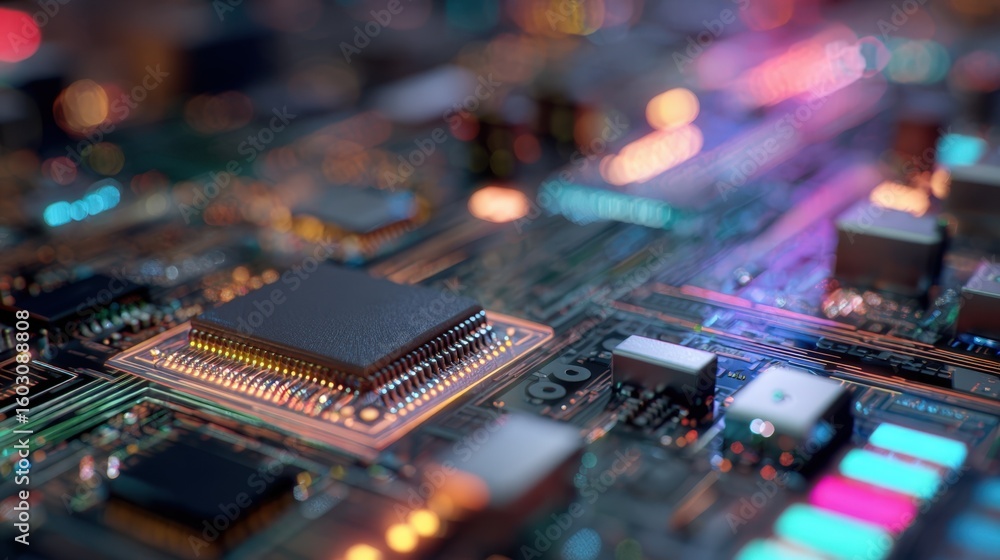 Poster high tech circuit board close up detailed image of microchip technology components