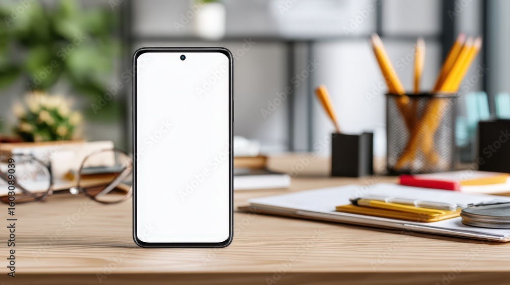 Poster modern smartphone with blank screen on wooden desk in office setting perfect for app presentations o