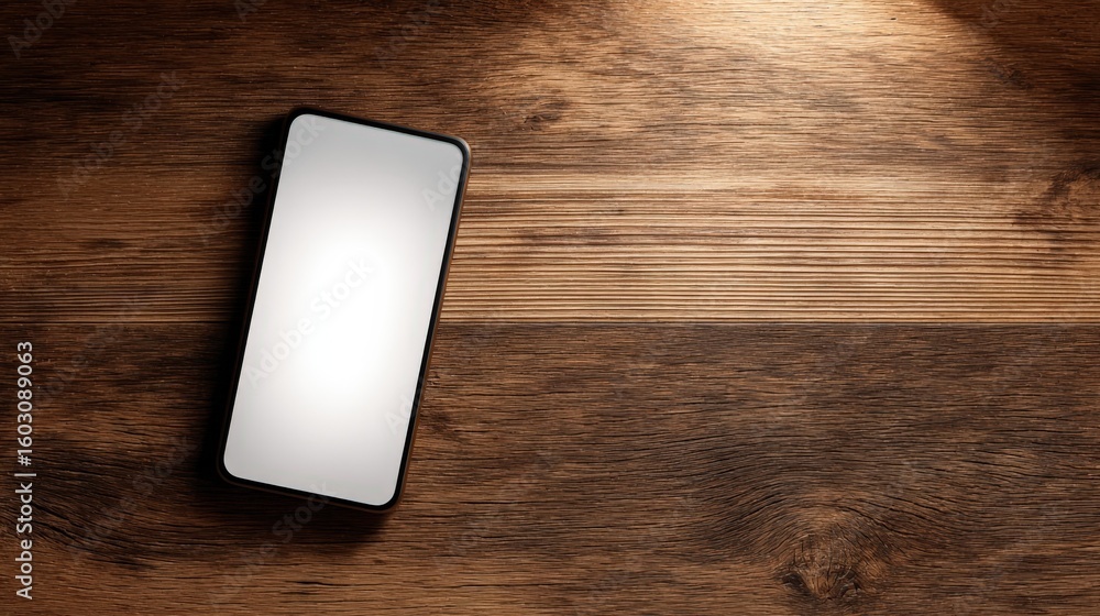Poster smartphone with blank screen on rustic wooden tabletop background modern technology mockup for app p