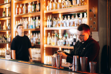 Bartender Crafting Cocktails in a Modern Bar with Shelves of Alcohol