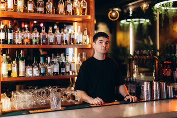 Bartender Standing Behind Bar Counter in Modern and Stylish Bar Environment