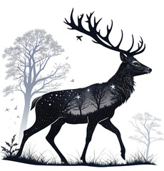 Elegant Black Deer Silhouette Illustration on White Background Featuring a Majestic Buck with Antlers Ideal for Wildlife Nature and Design Projects Vector Art





