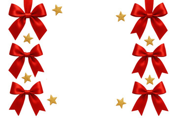 Red christmas bows and stars decorative border isolated on transparent background