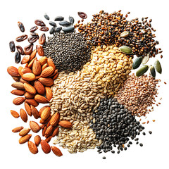 A Symphony of Seeds: A vibrant collection of diverse seeds artfully arranged. From nutritious almonds to tiny chia, the assortment suggests healthy eating.