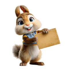Smiling Animated Chipmunk with Blank Sign: A cute, cheerful animated chipmunk joyfully holds a blank sign, ready for any message or creative expression, against an illustrative aesthetic.