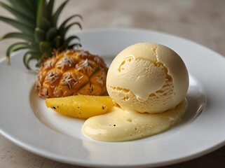 Tropical pineapple ice cream dessert with fresh fruit