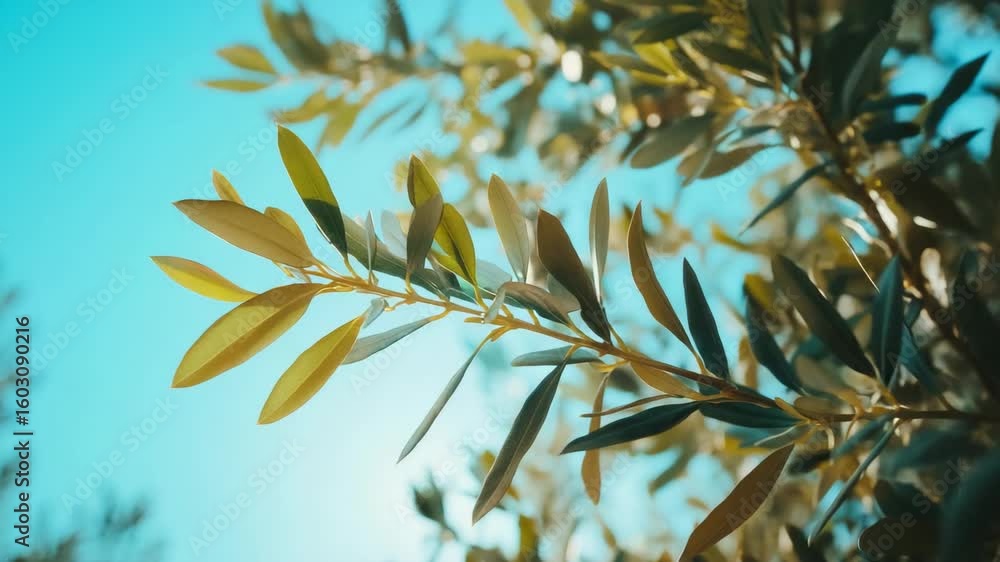 Aufkleber a close-up photograph of a tree branch with leaves in sharp focus against a soft blur of the sky bac