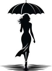 A girl walking with an Umbrella on a rainy day silhouette Vector Illustration isolated on a white background