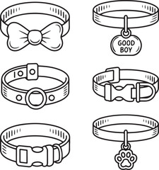 Pet Accessory Doodle Icon Set Bowtie Collars, ID Tags, Breakaway Collars, Training Collars, and Adjustable Buckles