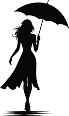 A girl walking with an Umbrella on a rainy day silhouette Vector Illustration isolated on a white background