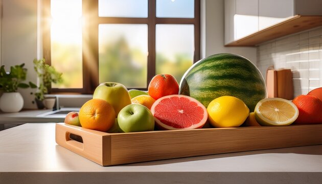 a wooden tray filled with fresh fruits citrus apples lemons and watermelons is placed on a kitchen island in a modern and sunny kitchen space kitchen scene for advertising