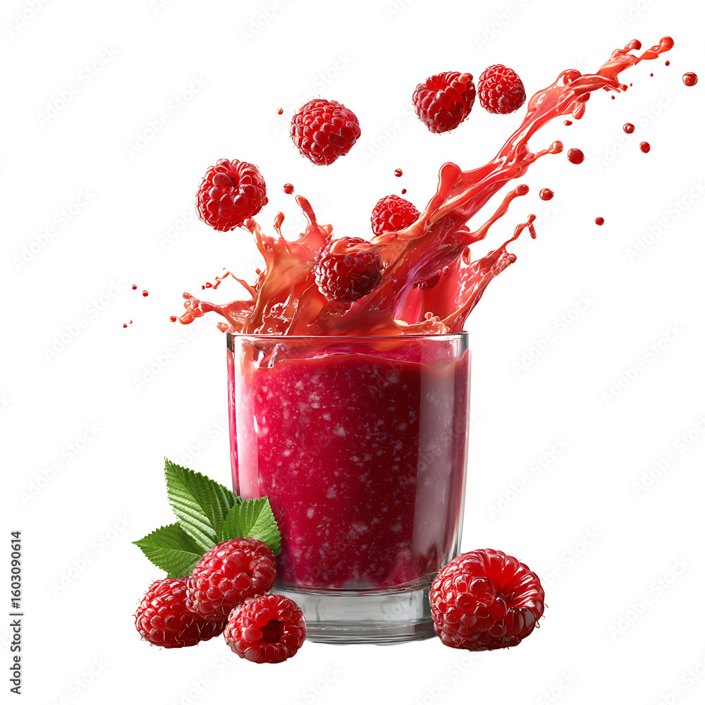 Poster berry burst: a refreshing and vibrant raspberry smoothie explodes from a glass, capturing the freshn