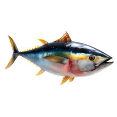 Tuna in a Vibrant Aquatic Showcase: A detailed, photorealistic rendering of a majestic tuna fish, showcasing its sleek form, shimmering scales, and the vibrant aquatic world it inhabits.
