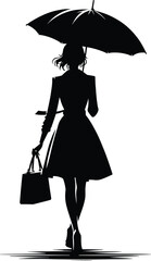 A girl walking with an Umbrella on a rainy day silhouette Vector Illustration isolated on a white background