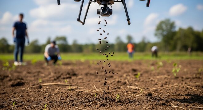 Drone distributing seeds or fertilizer over a cultivated field with people observing and working in the background, showcasing modern agricultural practices.