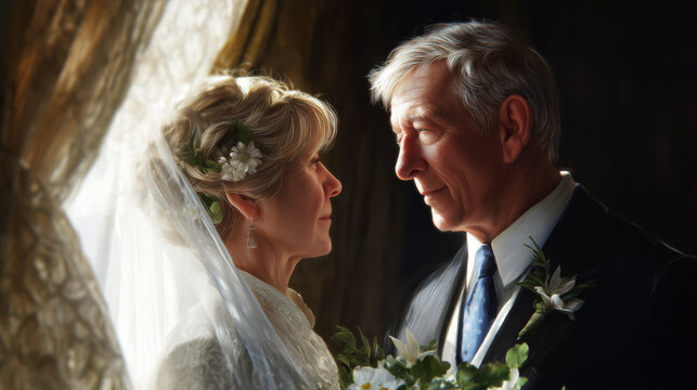 An elderly couple exchanges tender gazes in a beautiful wedding ceremony. Surrounded by delicate flowers, they celebrate their love during a joyful holiday moment filled with warmth and emotion.